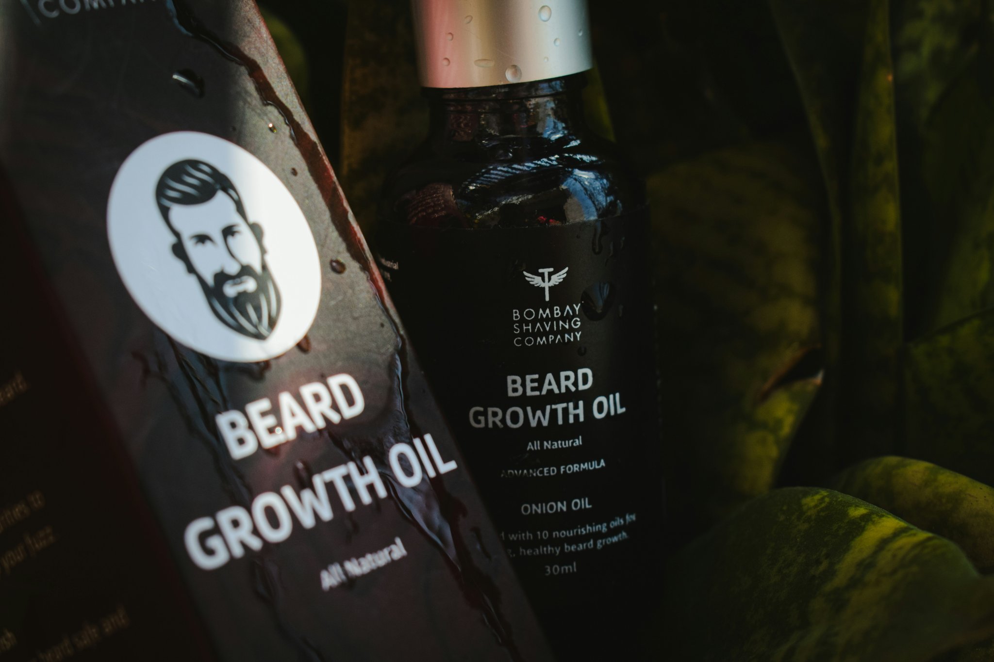 Side-by-side photo showing before and after using a complete beard care kit