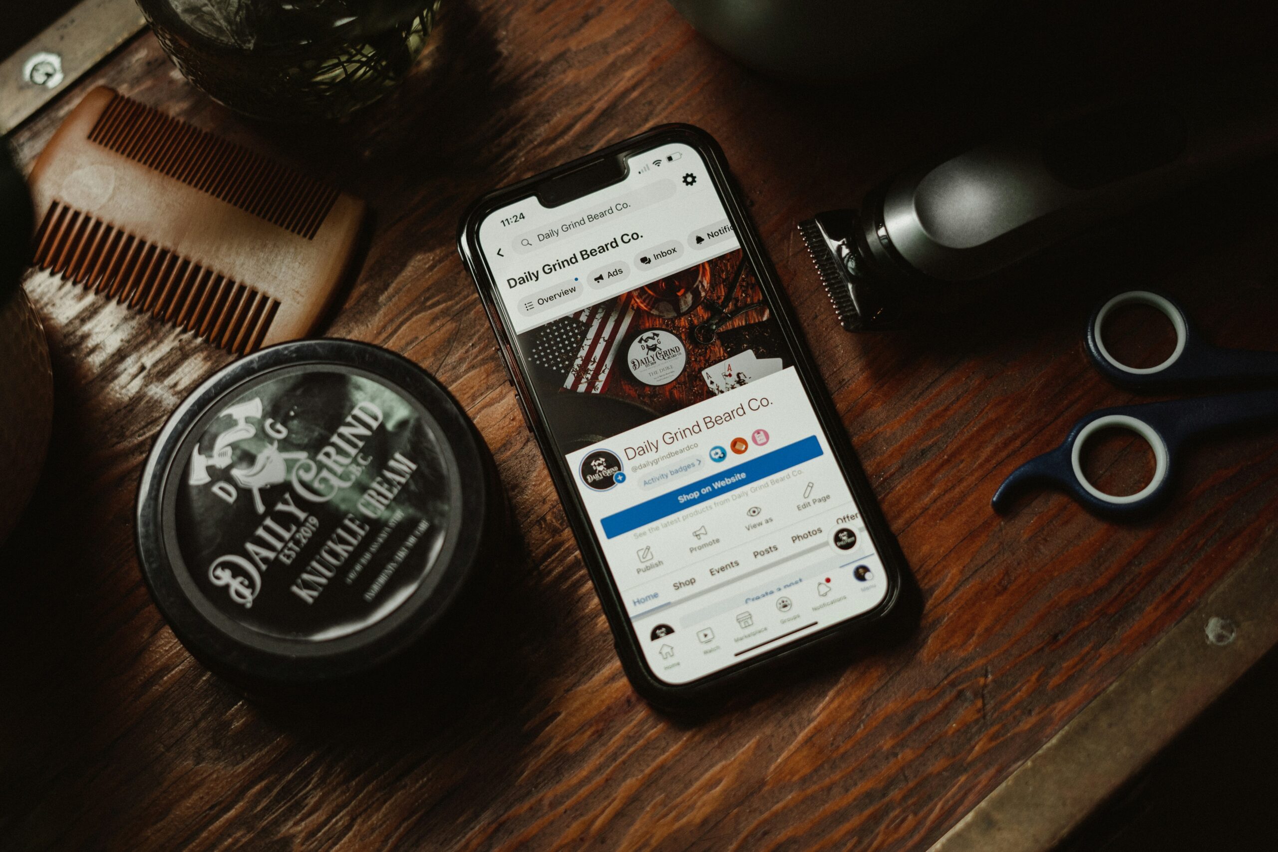 Product photo of Knuckle Cream Beard Balm and social media for Daily Grind Beard Co's facebook page. Product Photography by Lance Reis.